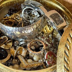 Vintage Mirrored Trinket Dish Filled with Jewelry